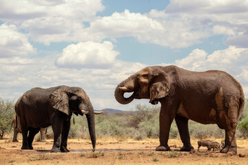 Fototapeta na wymiar Two african elephants in the grasslands of Etosha National Park, Namibia.