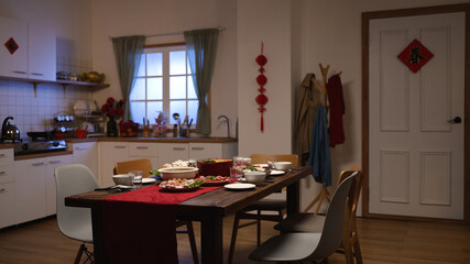 interior of a dining room with reunion dinner and festive decoration in celebration of lunar new...