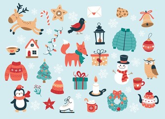 Christmas and New Year collection of cute animals and seasonal elements. Hand drawn vector illustration