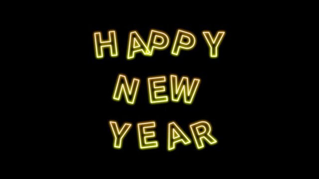 Randomly swinging happy new year word isolated on black background. Happy New year word in bright golden colour.