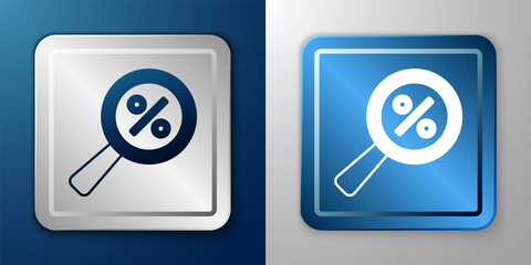 White Magnifying glass with percent discount icon isolated on blue and grey background. Discount offers searching. Search for discount sale sign. Silver and blue square button. Vector