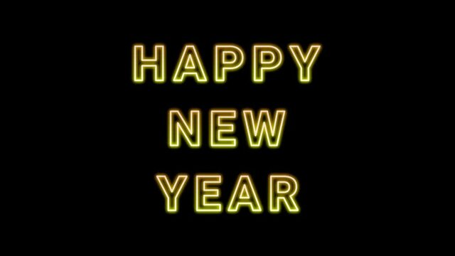 Loop animation of swinging happy new year word isolated on black background with bright golden colour.