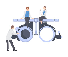 Ophthalmology with Health Care Professional Near Huge Refractometer Engaged in Eye Examination and Sight Test Vector Illustration