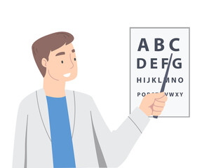 Ophthalmology with Man Health Care Professional Pointing to Optotype Vector Illustration