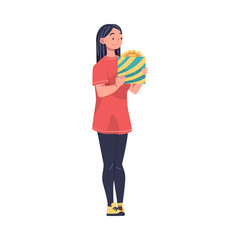 Woman with Gift Box Engaged in Holiday Congratulation Vector Illustration