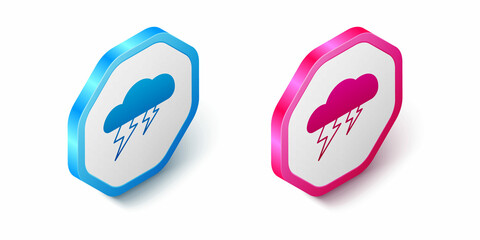 Isometric Storm icon isolated on white background. Cloud and lightning sign. Weather icon of storm. Hexagon button. Vector