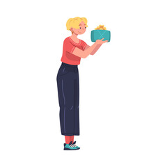 Blond Woman with Gift Box Engaged in Holiday Congratulation Vector Illustration