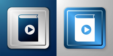 White Audio book icon isolated on blue and grey background. Play button and book. Audio guide sign. Online learning concept. Silver and blue square button. Vector