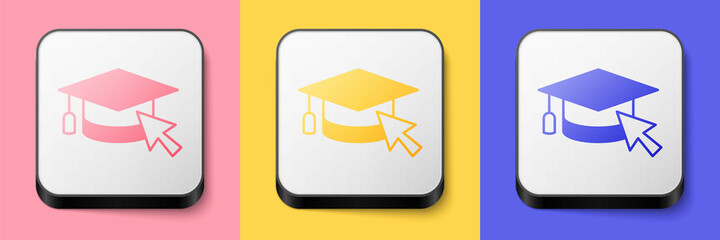 Isometric Graduation cap with cursor icon isolated on pink, yellow and blue background. World education symbol. Online learning or e-learning concept. Square button. Vector