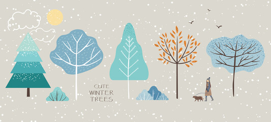 Cute single illustration of winter trees, fir trees, bushes, leaves, woman, dog, birds, sun, snow and clouds. New year, christmas objects and nature elements to create a landscape. Vector illustration