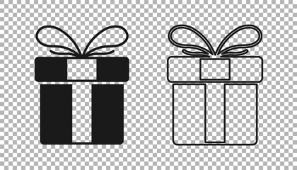 Black Gift box icon isolated on transparent background. Merry Christmas and Happy New Year. Vector
