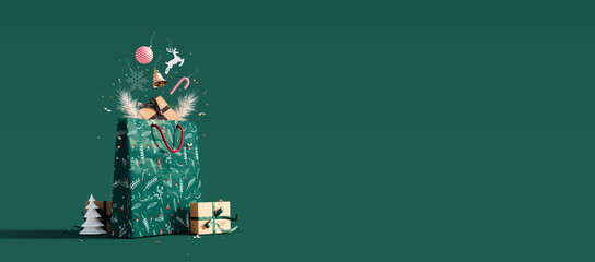 Christmas shopping bag with Christmas decoration and gift box on green background 3D Rendering, 3D...