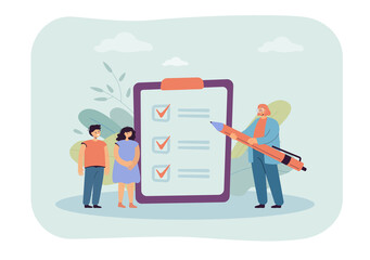 Female teacher with huge pen checking tasks from children. Woman and kids standing next to checklist flat vector illustration. Education concept for banner, website design or landing web page