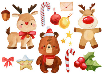 Set of cute Christmas animals, deer, bear and star on isolated white background, watercolor illustration, funny toys