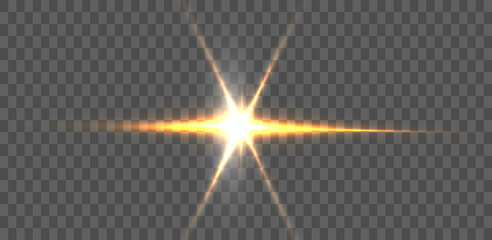 Yellow glowing flash of light on a transparent background. Vector illustration for decoration. A bright star, a flash of the sun. Glare texture.