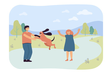 Happy girl greeting friend and cute dog jumping on boy. Male character playing with puppy outside flat vector illustration. Pets, outdoor activity concept for banner, website design or landing page