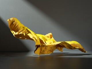 3d render. Abstract fashion background with yellow fabric cloth falling on the floor inside the dark room illuminated with ray of light. Silk textile is blown away by the wind