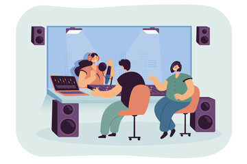 Sound engineer sitting on chair at desk with mixing console working in studio. Female radio presenter with headphones and mic behind glass window flat vector illustration. Sound production concept