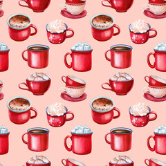 red cup, watercolor illustrations hot drinks, seamless pattern