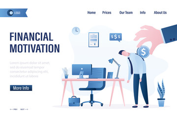Financial motivation, landing page template. Boss hand gives money to unmotivated male employee. Corporate slavery. Tired manager is waiting for his salary. Workplace interior.