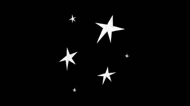 Set of hand drawn overlay animated star and sparkle shapes on transparent background. Motion graphic with sketchy pulsing, moving, dynamic and swirling starry elements, alpha channel.