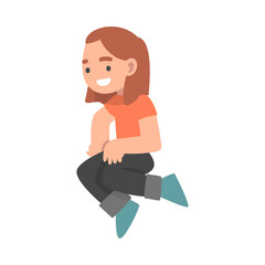 Young Woman with Bended Knees Sitting and Watching at Something Vector Illustration