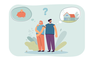 Married couple choosing between saving money and buying house. Piggybank and house in thought bubbles flat vector illustration. Finances, mortgage concept for banner, website design or landing page