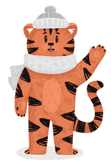 The symbol of the Chinese New Year. 2022. A stylized tiger in a hat and a scarf waving his paw. Smiling cute little animal. Illustration for postcards, banners and packaging designs.