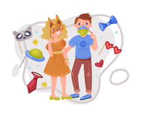 Man and Woman Character Wearing Party Birthday Photo Booth Props Standing and Smiling Vector Illustration