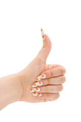 Young Woman hand with DIY manicure with thumb up isolated on white background