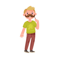 Young Man Character Holding Pole with Moustache as Party Birthday Photo Booth Prop Vector Illustration