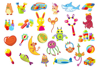Collection of children toys. Kid development and entertainment isolated on white background. Bundle of tools for kid amusement and play. Bright colored icons