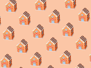 Creative pattern with houses on the coral background. Colorful holiday concept idea.