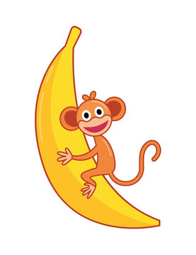 Children toy monkey on banana. Kid development and entertainment isolated on white background. Kindergarten tools for kid amusement and play. Bright colored icon