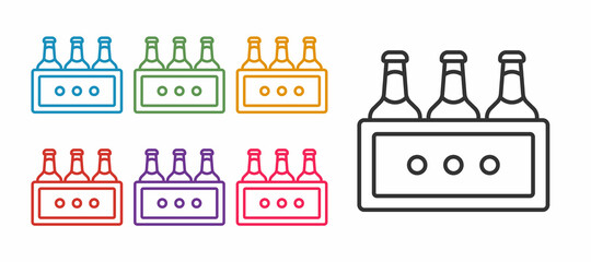 Set line Pack of beer bottles icon isolated on white background. Wooden box and beer bottles. Case crate beer box sign. Set icons colorful. Vector