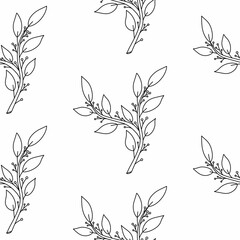 Seamless pattern black doodle branch with leaves and berries on a white background. For textiles, packaging, design