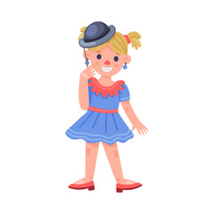 Little Girl Holding Pole with Hat as Party Birthday Photo Booth Prop Vector Illustration