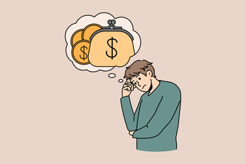 Unhappy young man with speech bubble above think of money struggle with financial problems. Stressed guy consider expenses expenditures. Bankruptcy and debt. Finance. Vector illustration. - obrazy, fototapety, plakaty