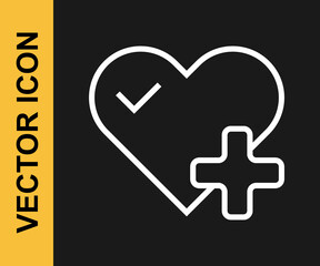 White line Heart rate icon isolated on black background. Heartbeat sign. Heart pulse icon. Cardiogram icon. Vector