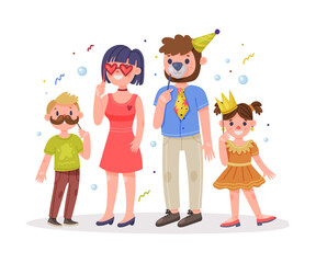 Family with Kids Wearing Party Birthday Photo Booth Props Standing and Smiling Vector Illustration