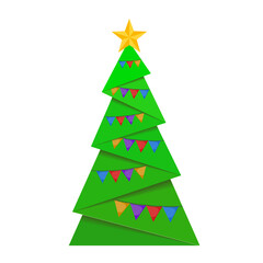 Green christmas paper tree with flag garland and golden star on top, stock vector illustration design for greeting card