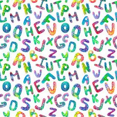 Alphabet seamless pattern hand drawn colorful watercolor letters on white background