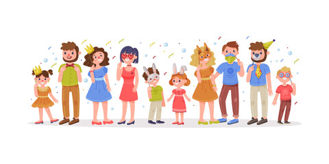 Family with Kids Wearing Party Birthday Photo Booth Props Standing and Smiling Vector Illustration
