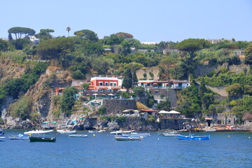 Fototapeta premium boats in front of the coast and beach in Ischia, Italy