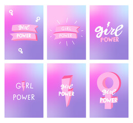 Girl power posters set. Vector template with feminism quote and female symbol. Woman motivational slogan. Women rights handdrawn vector illustration. Feminist slogan, phrase, quote made in vector.