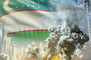 huge smoke column with fire in the modern city - concept of industrial catastrophe or act of terror on Uzbekistan flag background, industrial 3D illustration
