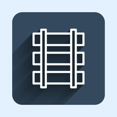 White line Railway, railroad track icon isolated with long shadow background. Blue square button. Vector