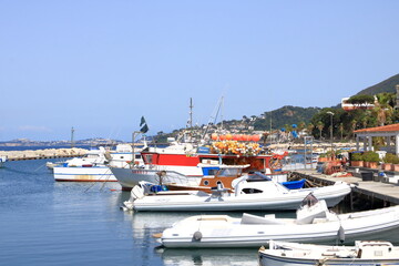 View to the Coastal landscape of Lacco Ameno from the sea, Mediterranean Sea coast, bay of Naples, Ischia island, Italy