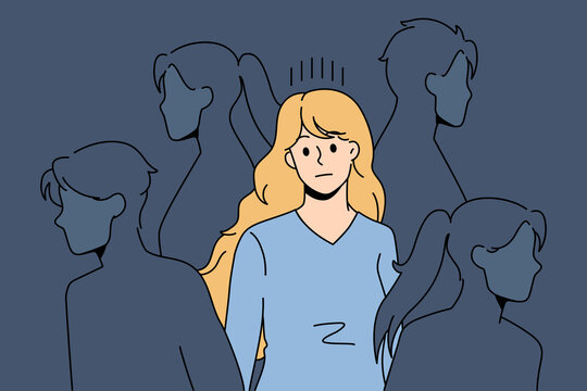 Sad young woman surrounded by people silhouettes feel lonely in society suffer from lack of communication. Upset girl struggle with loneliness and solitude in crowd. Outcast. Vector illustration.