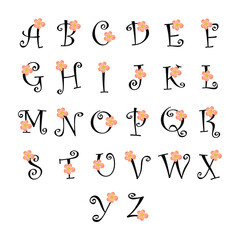 Decorative Floral English Alphabet A to Z Letters Flat Vector